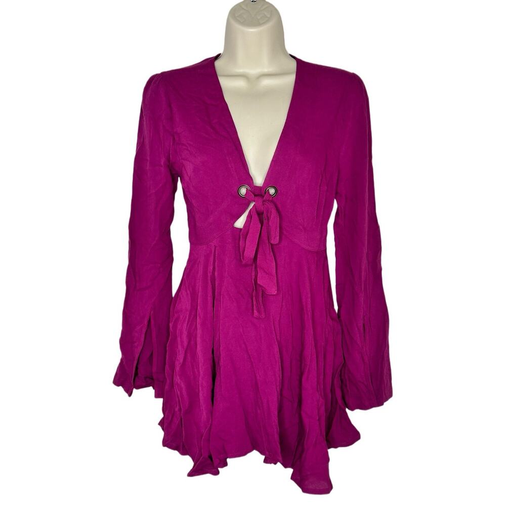 Free People Fuchsia Flared Sleeve Mini Tie Front Dress Size 0 Womens